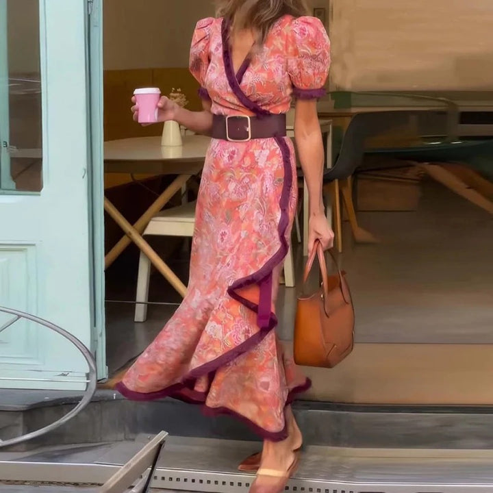 Robe Maxi Rose Élégante à Manches Courtes