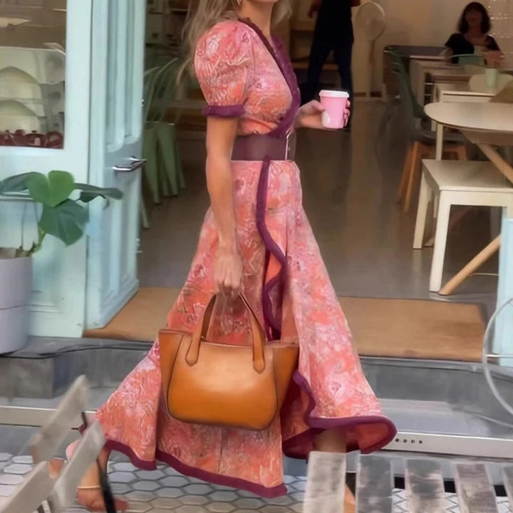 Robe Maxi Rose Élégante à Manches Courtes