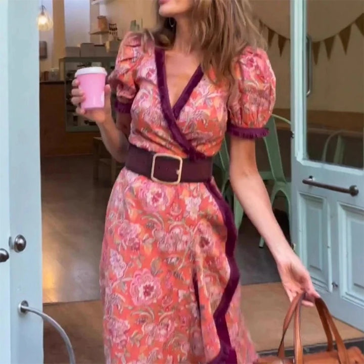 Robe Maxi Rose Élégante à Manches Courtes