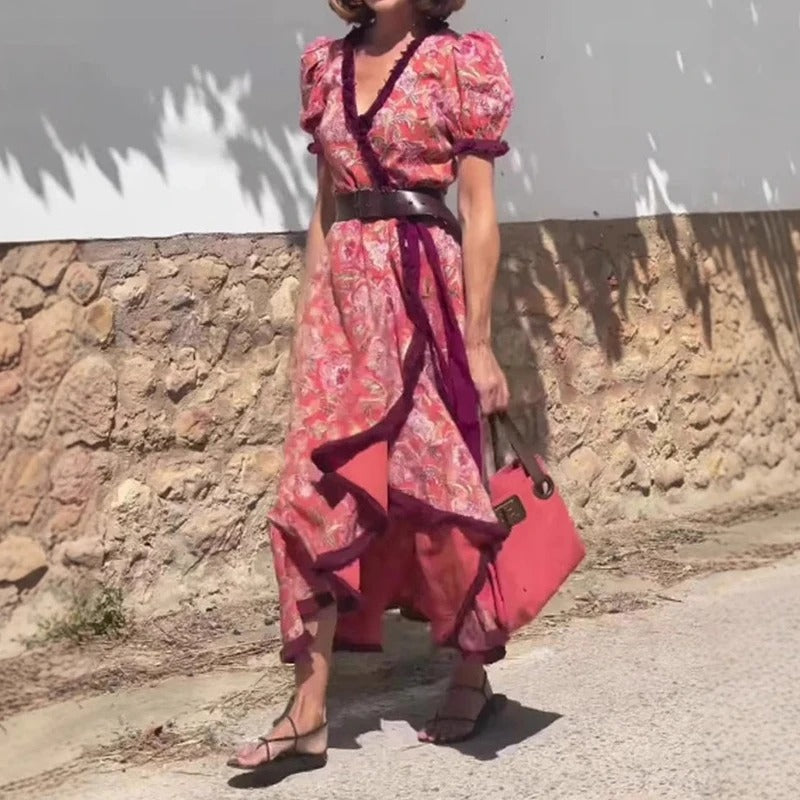 Robe Maxi Rose Élégante à Manches Courtes
