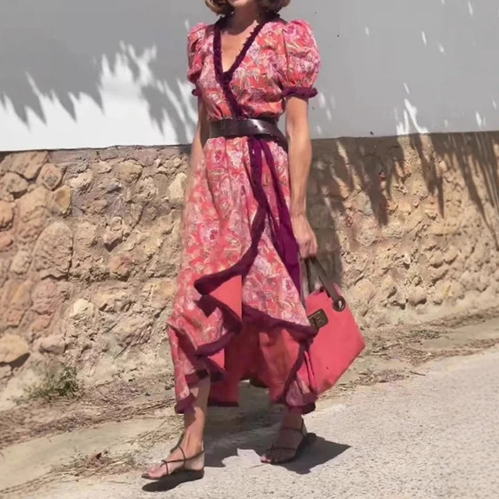 Robe Maxi Rose Élégante à Manches Courtes