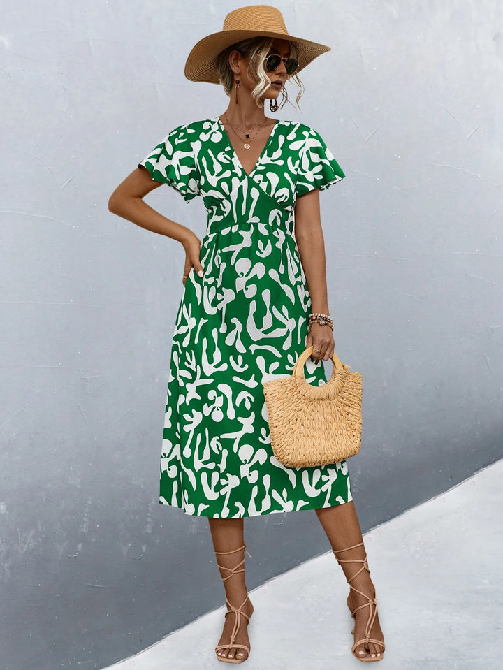 Robe longue cintrée à taille haute en lin, motif abstrait